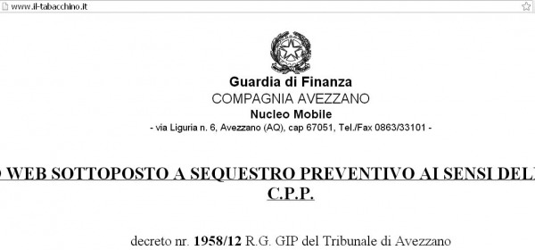 Il sito oscurato dalla Guardia di Finanza