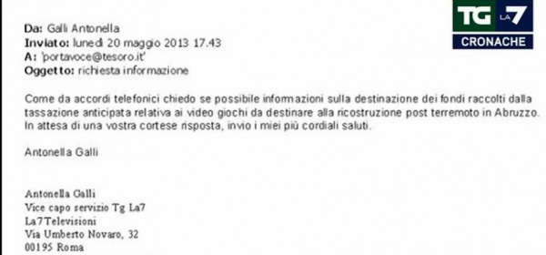 La foto della mail inviata al Tesoro