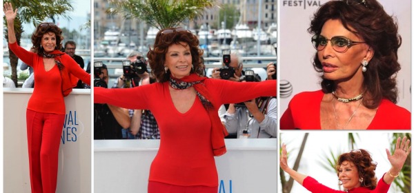 Sofia Loren in rosso a Cannes
