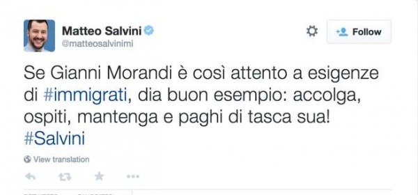 Il tweet di Matteo Salvini contro Gianni Morandi (Twitter)