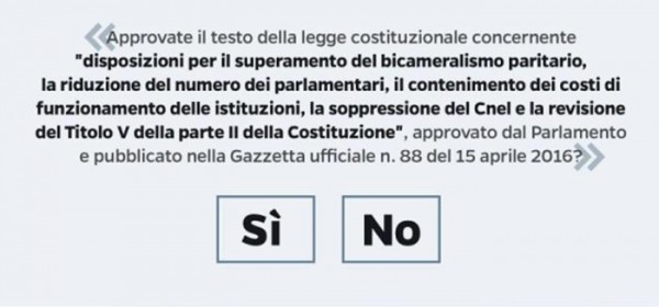 La scheda per il voto al referendum del 4 dicembre 2016