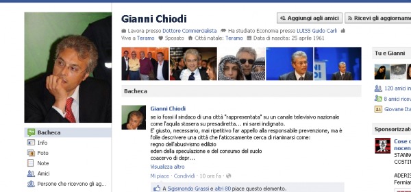 La bacheca di Facebook di Chiodi