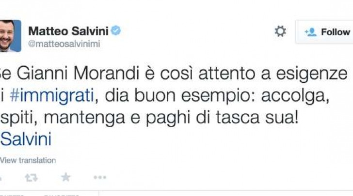 Il tweet di Matteo Salvini contro Gianni Morandi (Twitter)