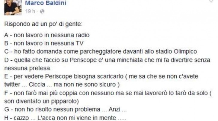 Il post di Marco Baldini su Fb