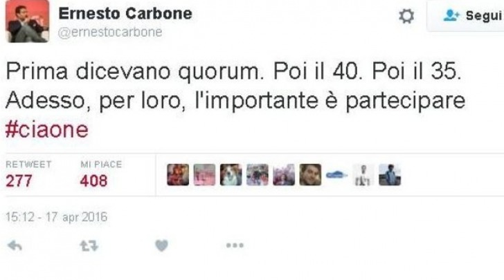 IlTweet di Carbone sul fallimento del Quorum nel Referendum sulle "Trivelle"