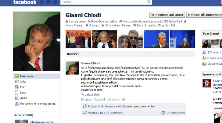 La bacheca di Facebook di Chiodi