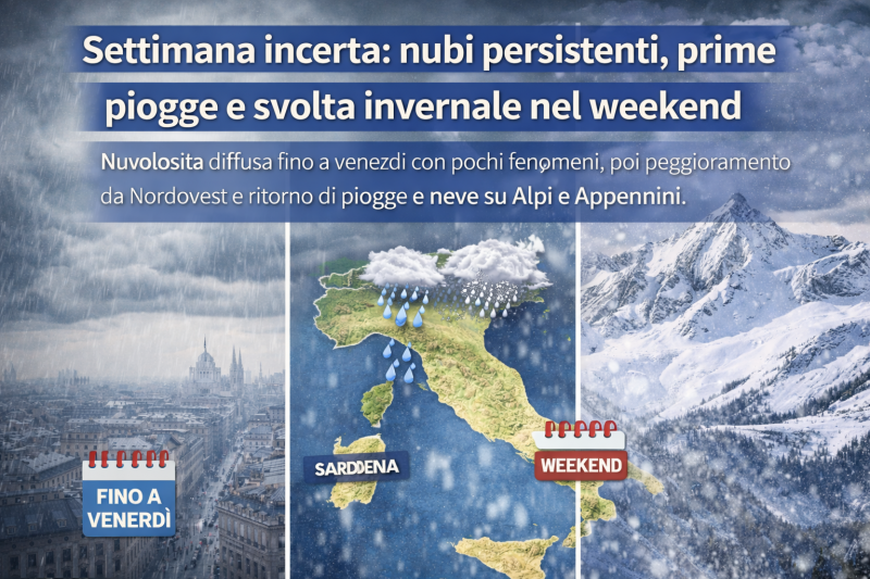 settimana incerta nubi persistenti prime piogge e svolta invernale nel weekend