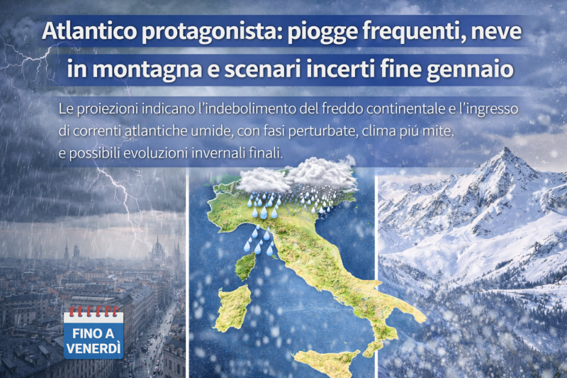 atlantico protagonista piogge frequenti neve in montagna e scenari incerti fine gennaio