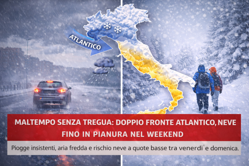 Maltempo senza tregua: doppio fronte atlantico, neve fino in pianura nel weekend