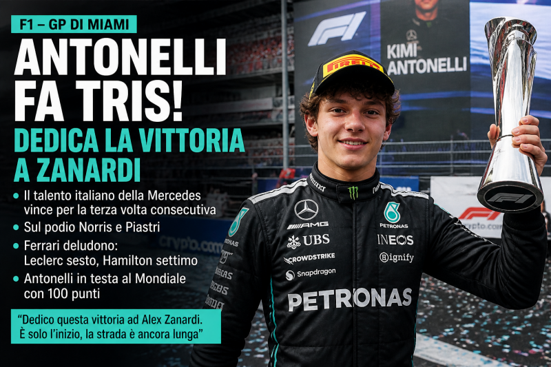 antonelli domina a miami con dedica a zanardi ferrari crollano nel finale