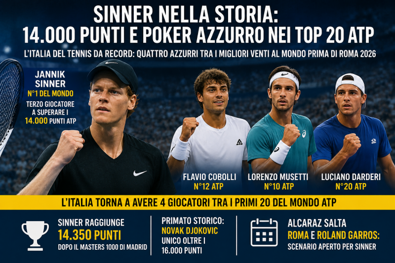 sinner vola oltre i 14000 punti italia da record con quattro nei top 20