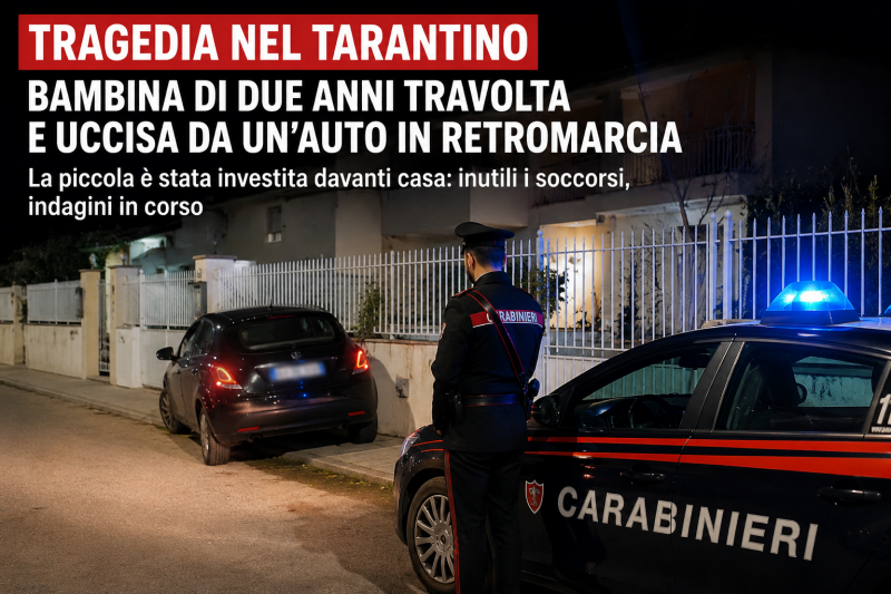 bimba travolta davanti casa retromarcia fatale indagini aperte nel tarantino dai carabinieri da Abruzzo24ore.tv bimba travolta davanti casa retromarcia fatale indagini aperte nel tarantino dai carabinieri